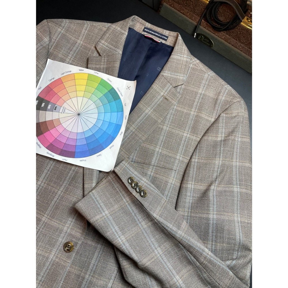 Tommy Hilfiger Blazer Mens 46L Beige Blue Plaid Poly Blend SUPER SALE